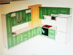 Планировка и дизайн кухни с вентиляционным коробом в углу