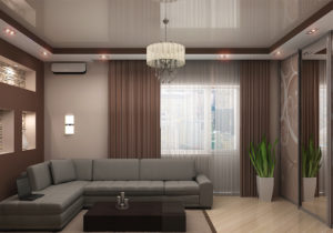 Натяжные потолки для зала: красивый дизайн гостиной